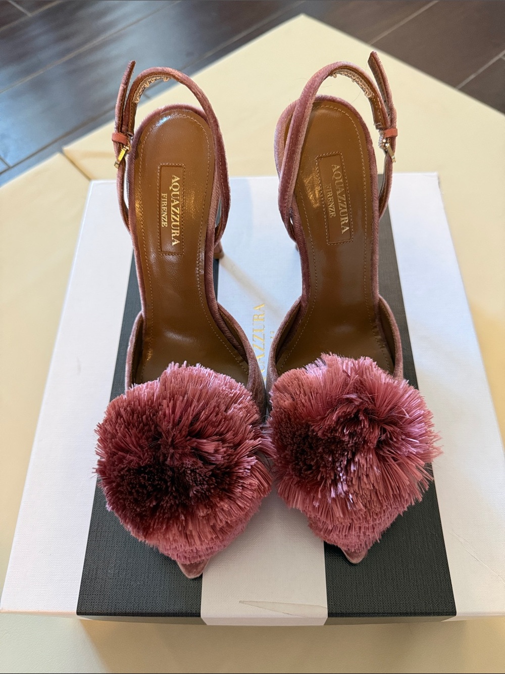 Aquazzura Pink Pom-Pom Slingback Heels